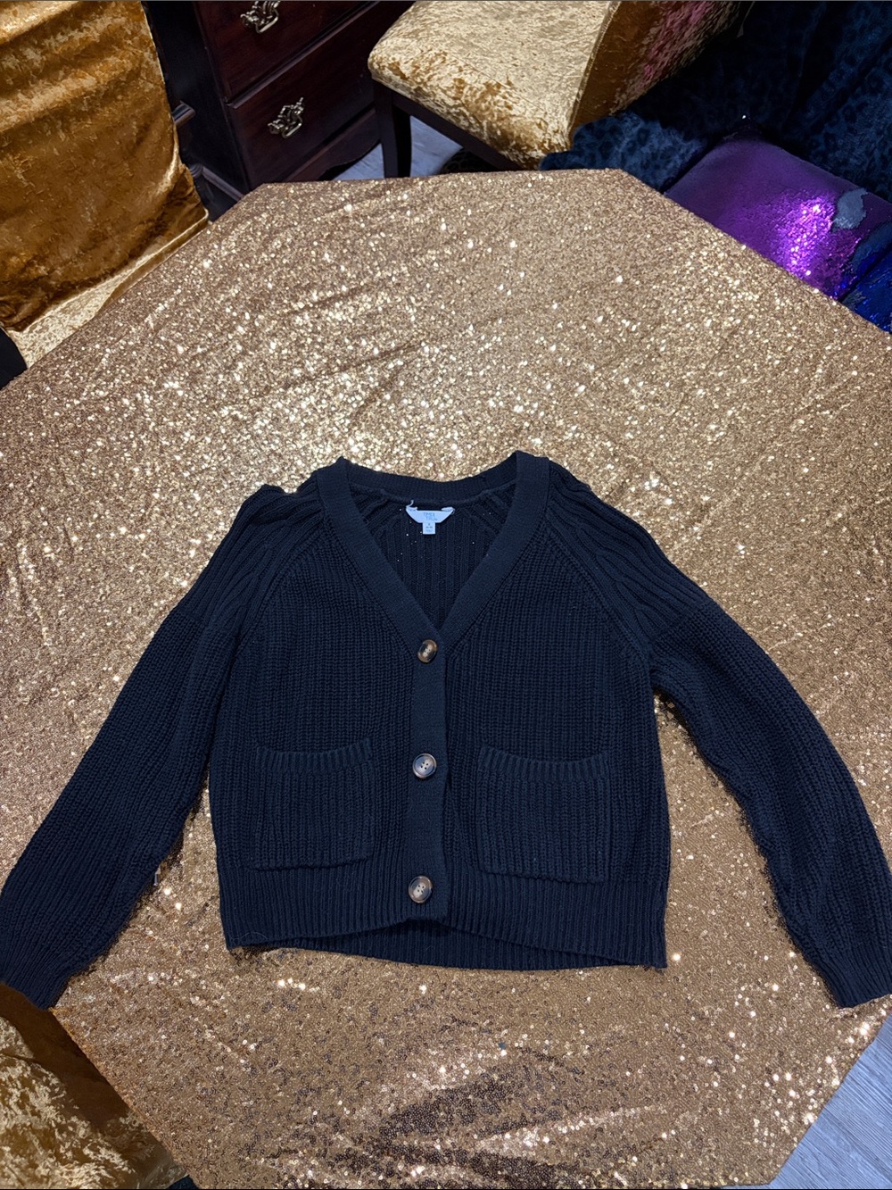 Time and Tru Black V-Neck Button Front Cardigan with Patch Pockets